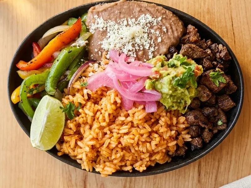 Carne asada platter with Mexican rice, house beans, guacamole and pickled onion from MEXIKAN catering in Chappelle, Edmonton