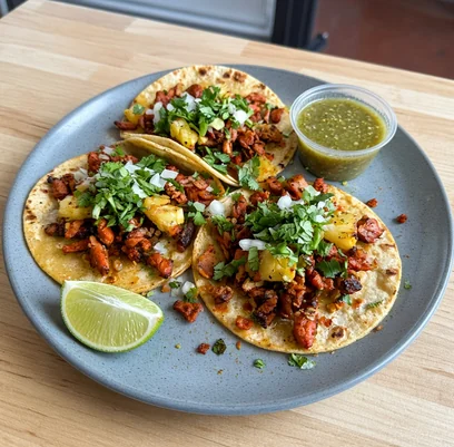 Al pastor tacos with pineapple, onion and cilantro